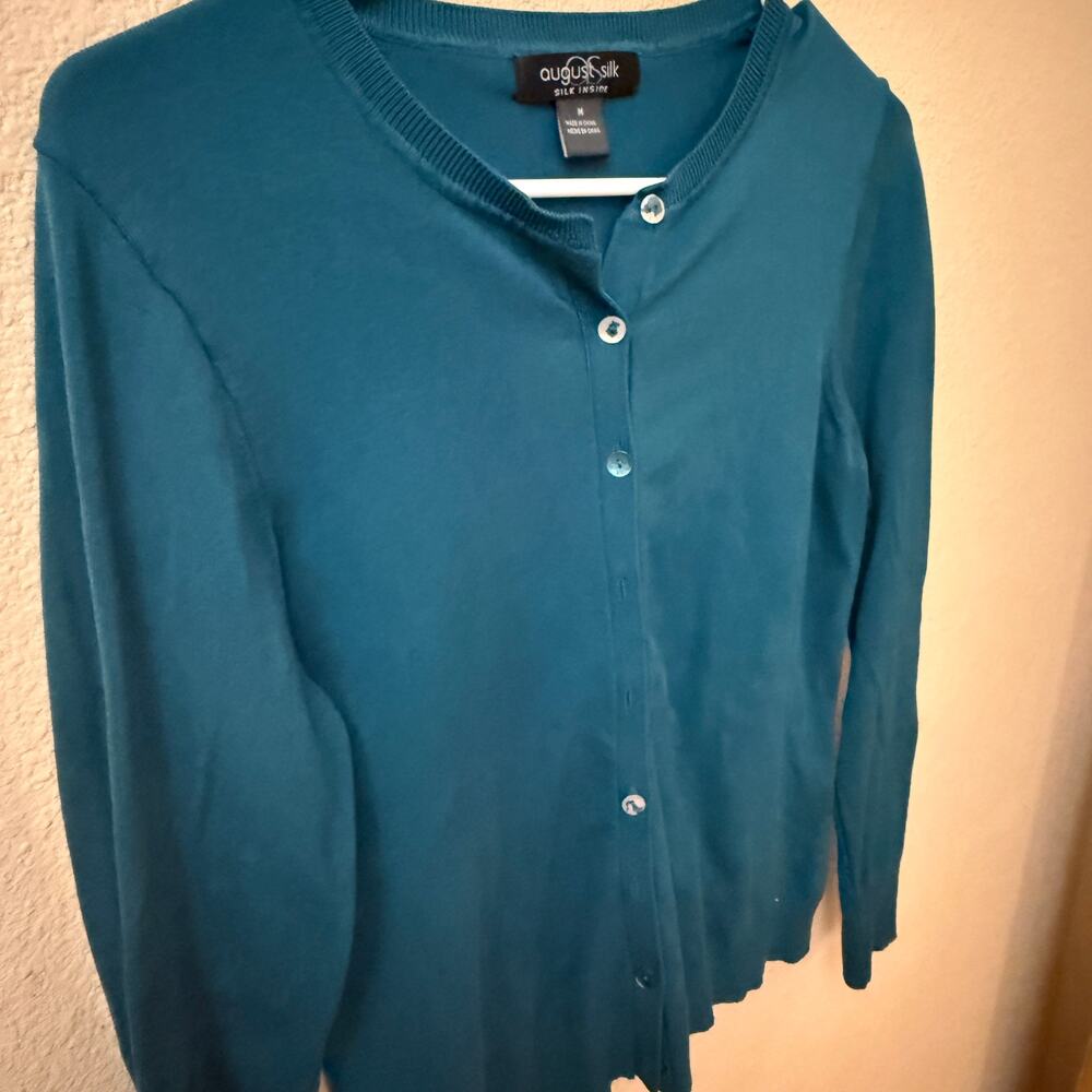 Vintage August Silk "Silk Inside" crewneck button-front cardigan Teal M Y2K